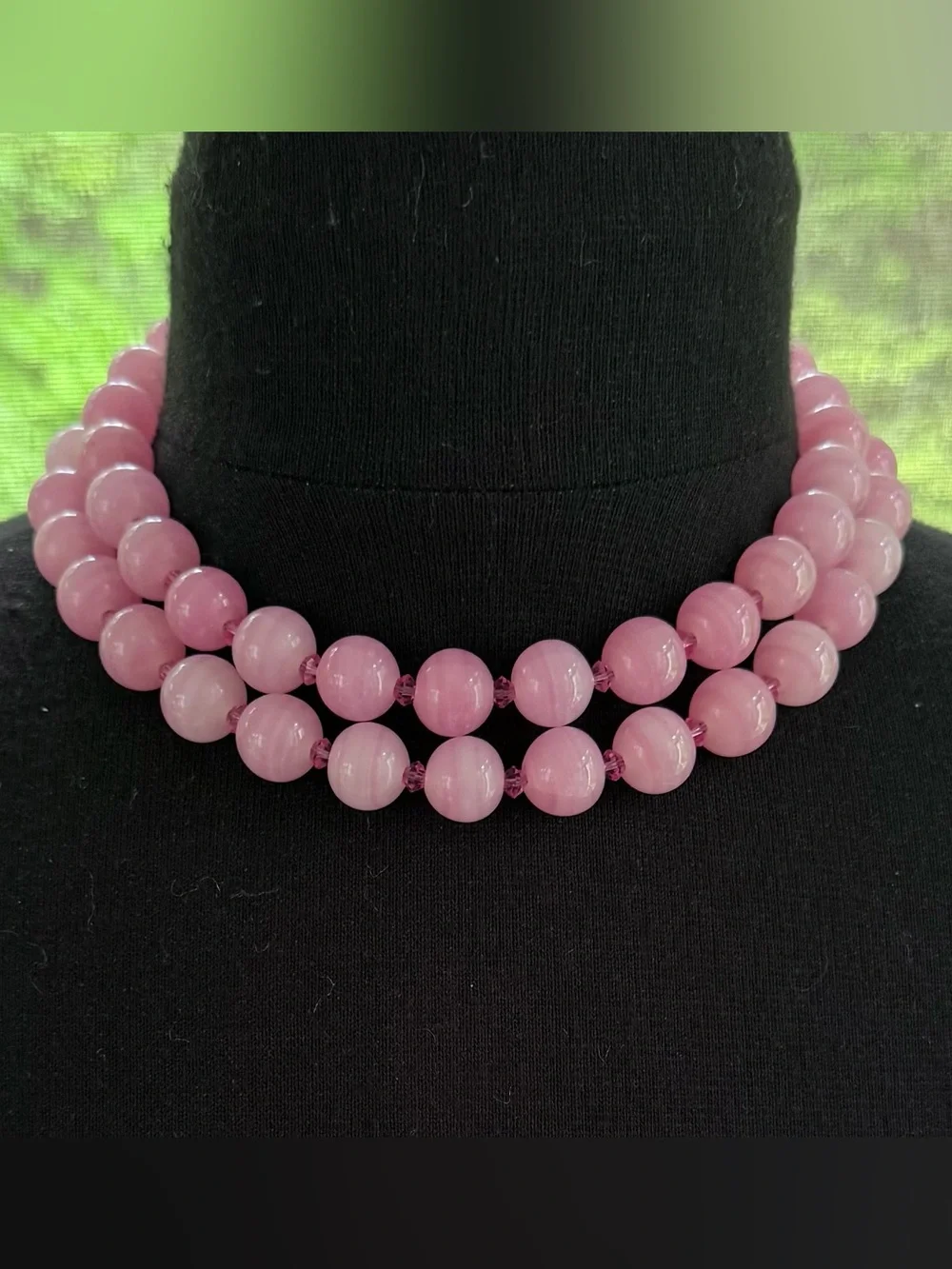 KEP Designs Double Strand Pink Beads Choker Necklace Rhinestone Screw Clasp